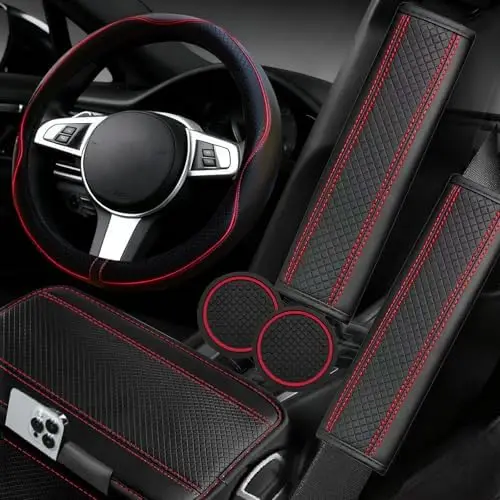 

Комплект аксессуаров для салона автомобиля NBTEPEM из 6 предметов - Красный чехол на руль из микрофибры и другие аксессуары для рулей 14.5-15 дюймов