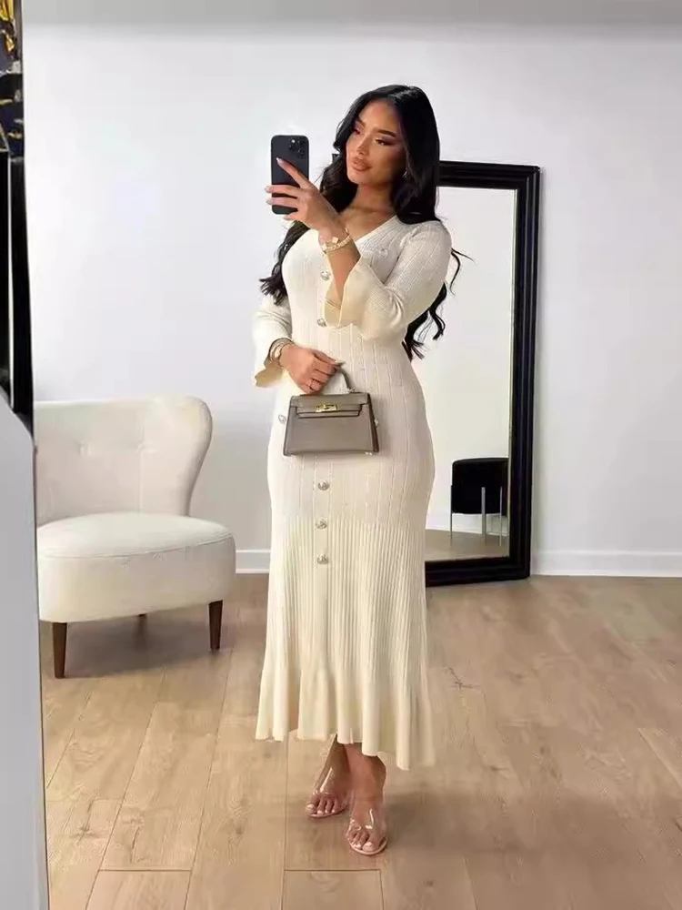 GELITAYIN Elegancka Długa Sukienka Dzianinowa Damska Rozkloszowane Rękawy Dekolt V Falbany Jednorzędowa Sukienka Obcisła Imprezowa Moda Biurowa