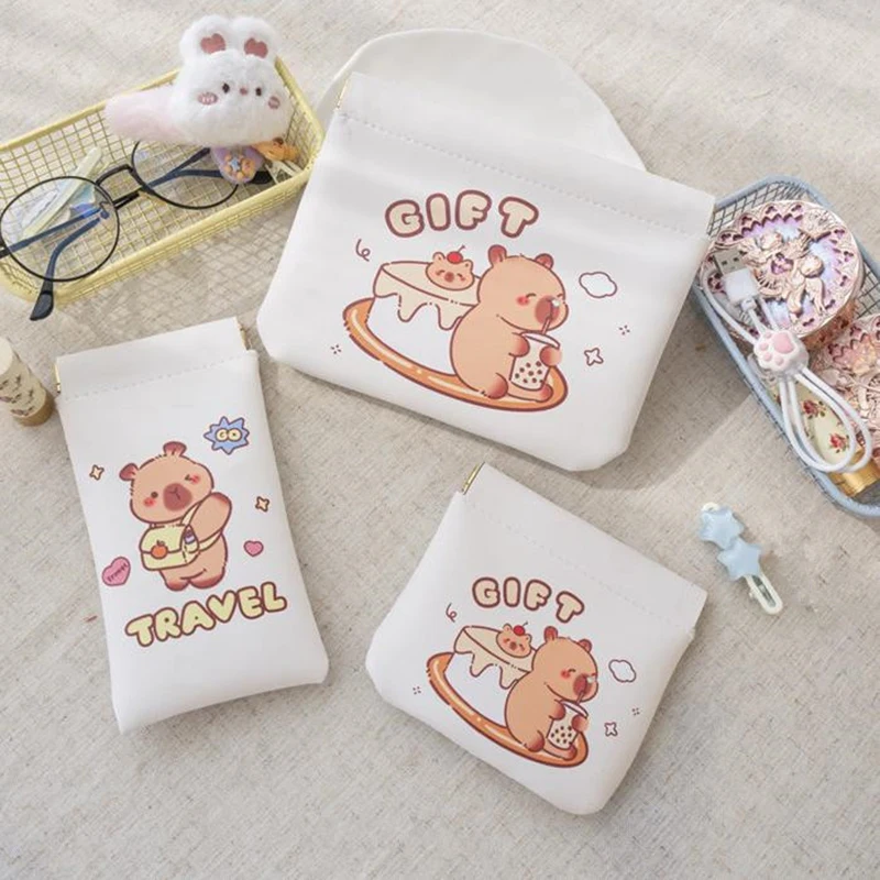 Karikatür Pu Deri Kendiliğinden kapanan Ruj saklama çantası Çanta Capybara Gözlük Çantası Kulaklık Çantası Mini Kozmetik Çantası Seyahat Malzemeleri