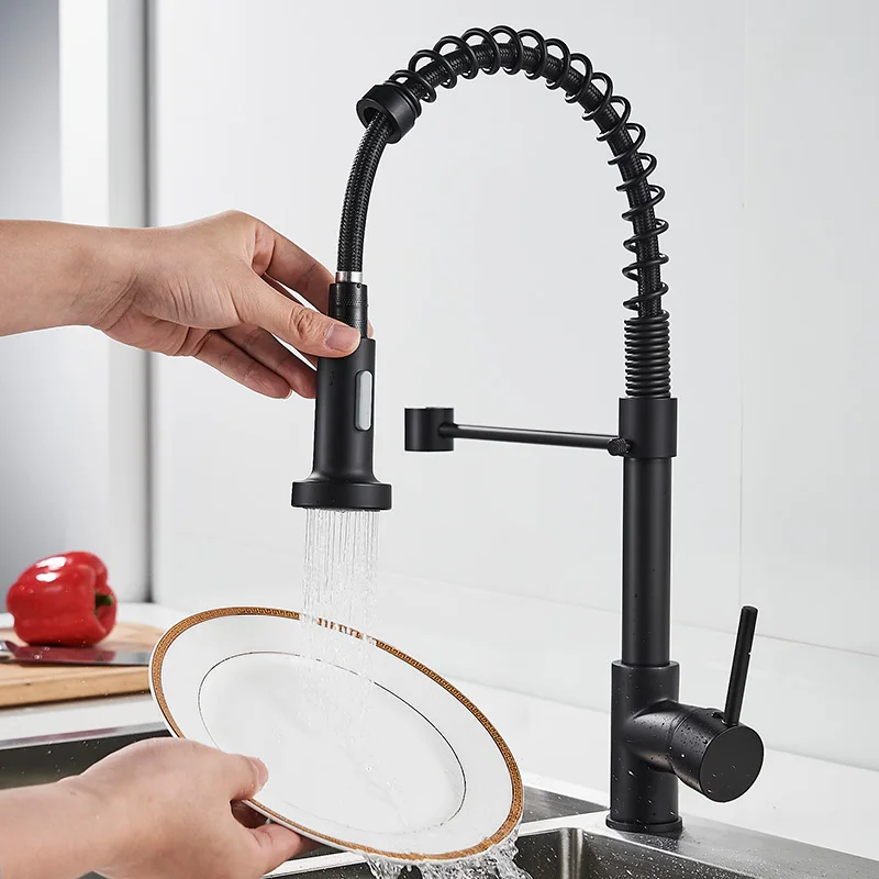ROVOGO Black Spring Kitchen Faucets with Pull Down Sprayer,Commercial Single Handle Single Lever Kitchen Sink Faucet Solid Brass