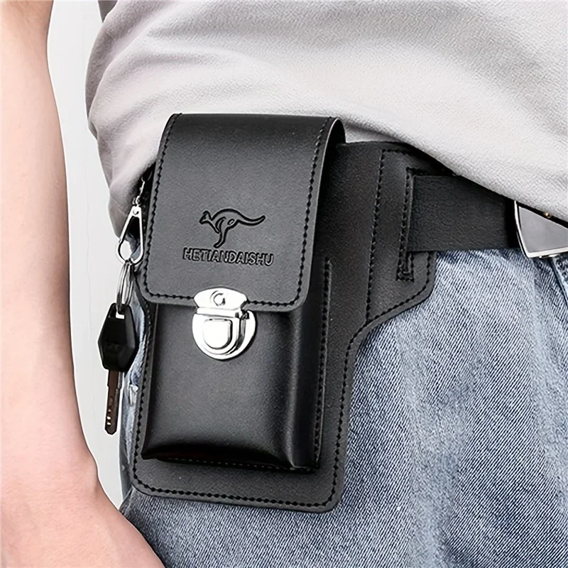 Men Fashion PU Leather Waist Bag for Phone Storage with Key Chain Perfect Gift for Husband or Father