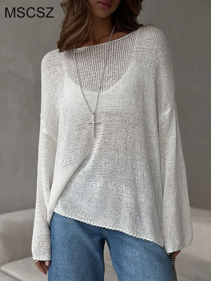 

MSCSZ White Thin Sweater For Women Long Sleeve Oversized Sweaters Spring Autumn Knitted Top New In Knitwears