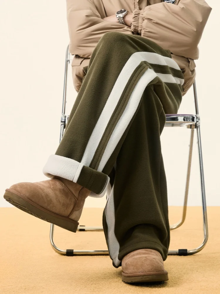 

Мужские повседневные спортивные брюки на флисовой подкладке, прямого кроя, зимние, термо-спортивные штаны, американские ретро-штаны в полоску, свободного кроя, удобные