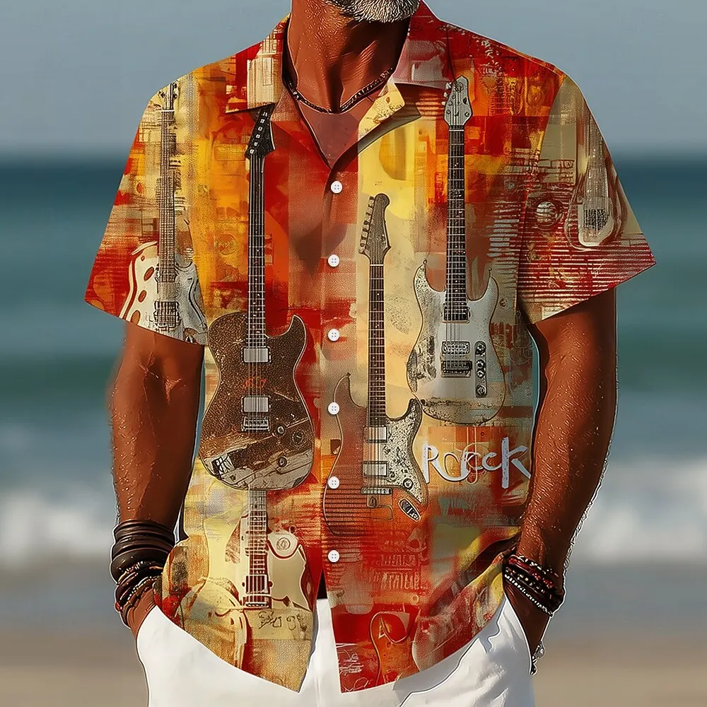 

Men's Rock Guitar Musical 3D Print Short Sleeve Shirt Vintage Retro Music Festival Holiday Tops Blue Orange Green Spring Summer