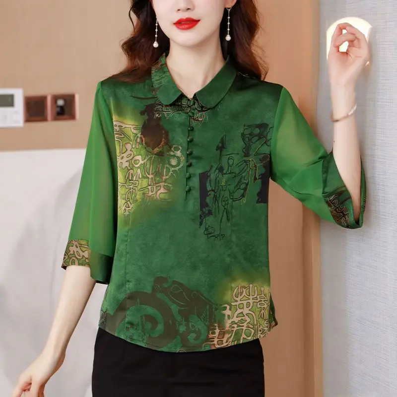 Women\'s Clothing Spring Summer New Blouse Loose Satin Shirt 2023 V-Neck Three Quarter Large Printing Elegant Fashion Vintage Top