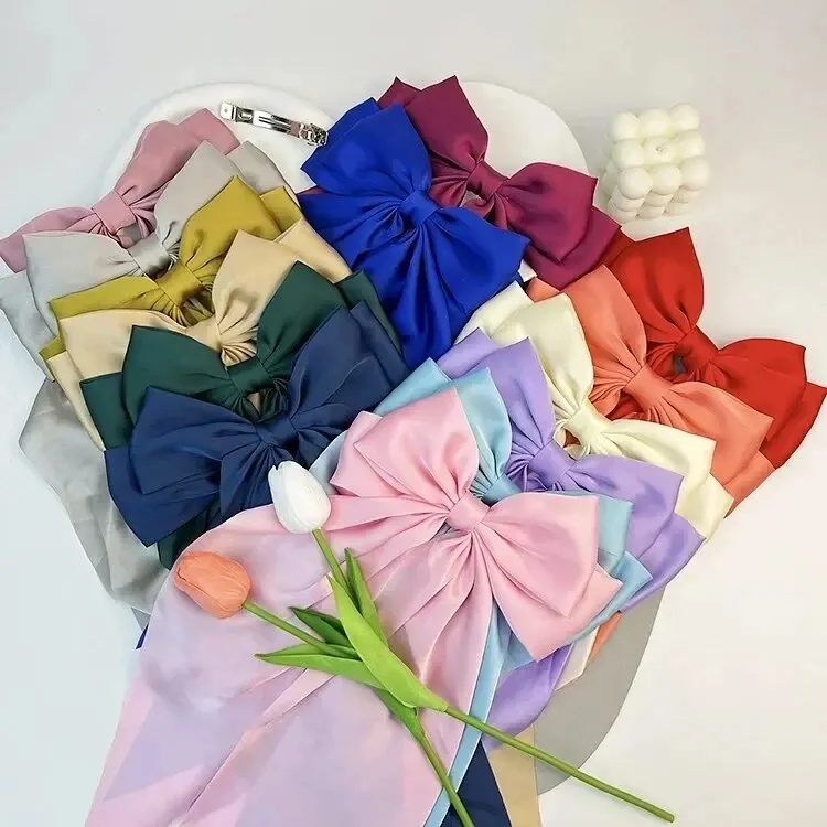 Chiffon Bow Hair Clip Women Large Bowknot Satin Hairpin Barrettes Girls Solid Color Ponytail Clip Hair Accessories Headwear Gift