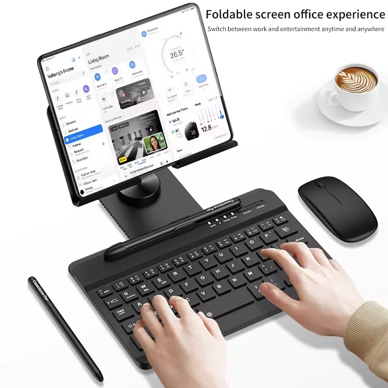 

Алюминиевый складной держатель для телефона для стола, мини-клавиатура Bluetooth 7,9 дюйма, портативный набор 4 в 1 с мышью и ручкой