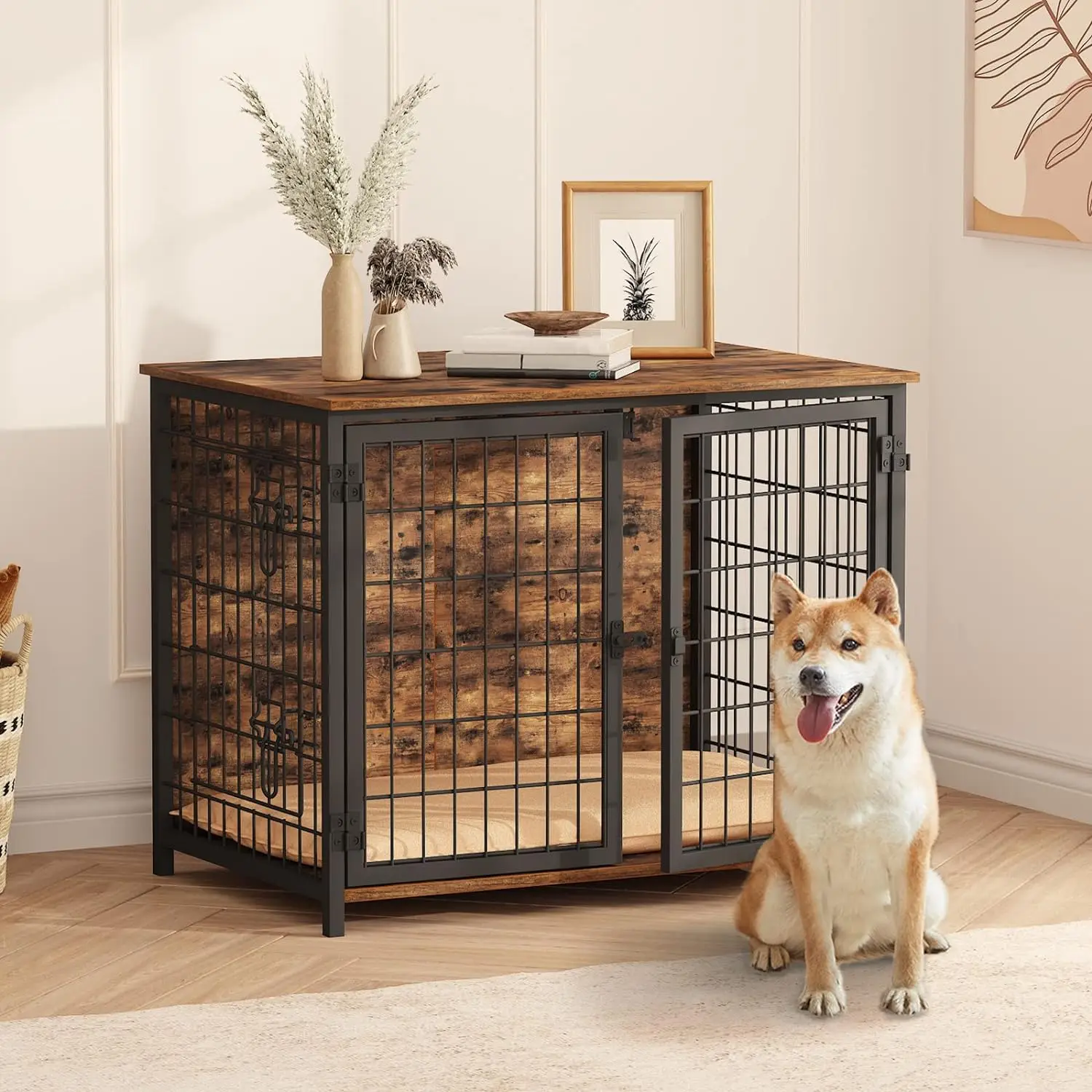 Customized Dog Crate Furniture Wooden Dog Crate Table Furniture Style Indoor Pet Crate with Double Doors Pet Cage House Product