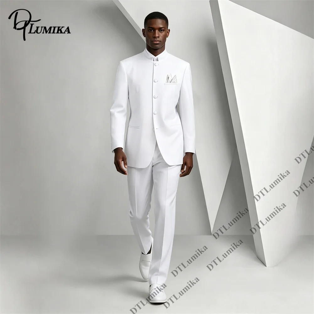 Mandarin Stand Collar Single-breasted Men 2 Piece Suit Blazer Matching Straight Formal Trousers Set For Minimalist Wedding Groom