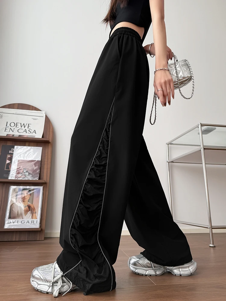 Casual Hiphop Sweatpants Reflective Striped Loose Jazz Pants Female 2025 New Couple Black Pants Korean Fashion Street Pants