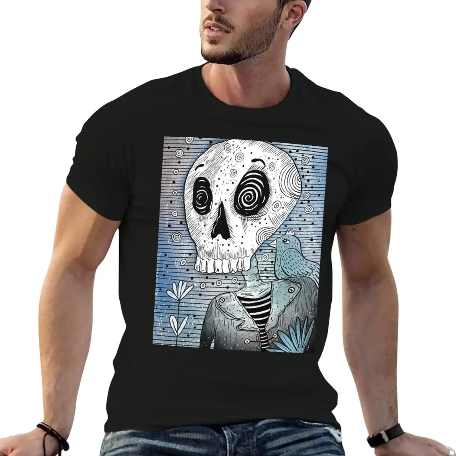 Skull and blue bird T-Shirt street wear Aesthetic clothing black t-shirts for men