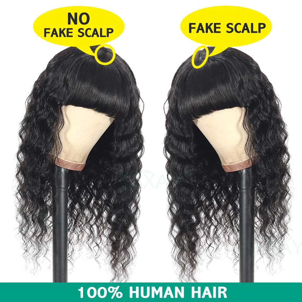 3 Inch PU Scalp Human Hair Wigs with Bangs Sexay Raw Indian Hair Loose Deep Wave Bang Wigs 200 Density Fake Scalp Fringe Wig