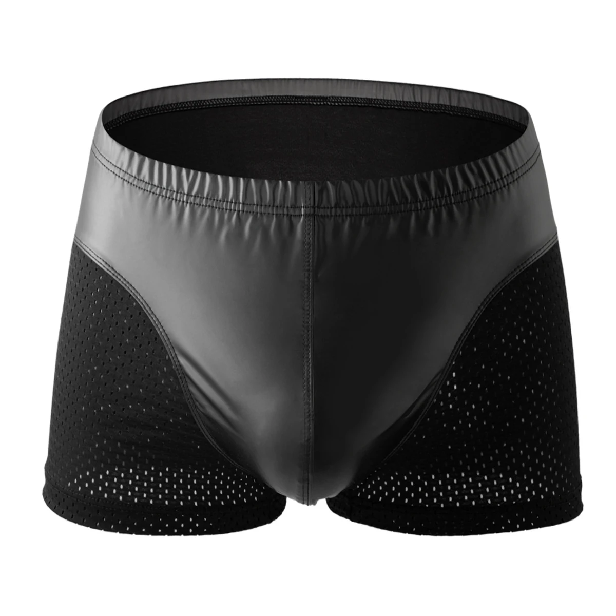 

CLEVER-MENMODE Boxers Lingerie Sexy Mesh PU Leather Men Underwear Penis Pouch Boxershorts Underpants hombre Boxer Shorts