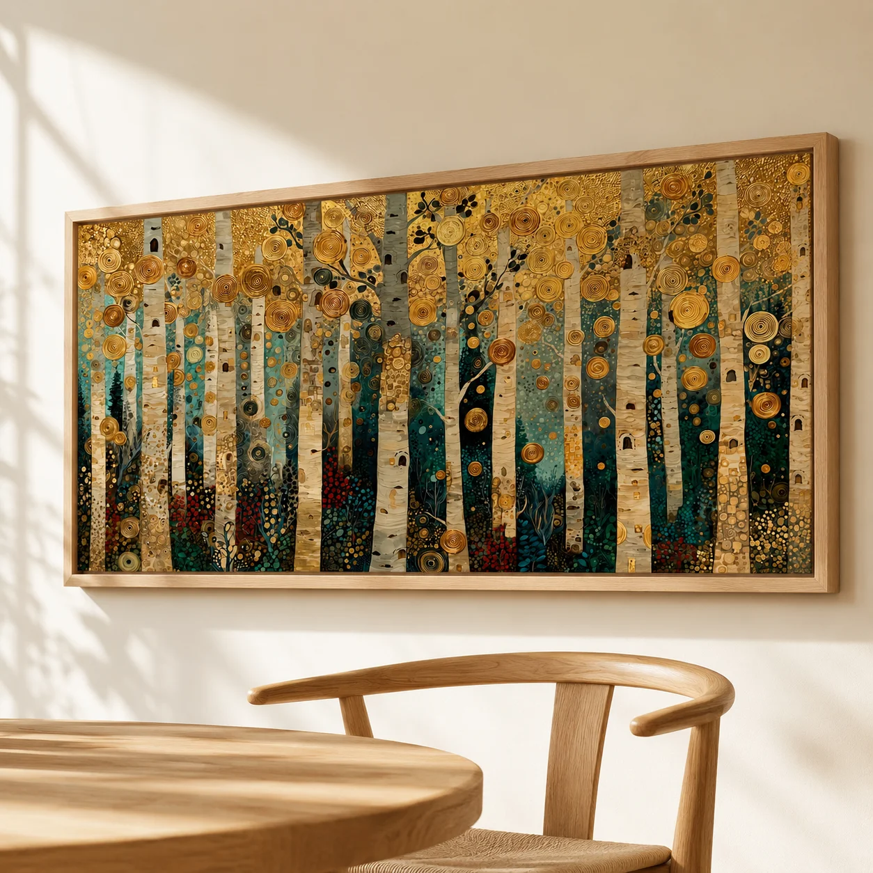 Klimt Style Birch Tree Canvas Wall Art, Golden Foil Forest Landscape Print, Art Nouveau Large Horizontal Living Room Home Decor