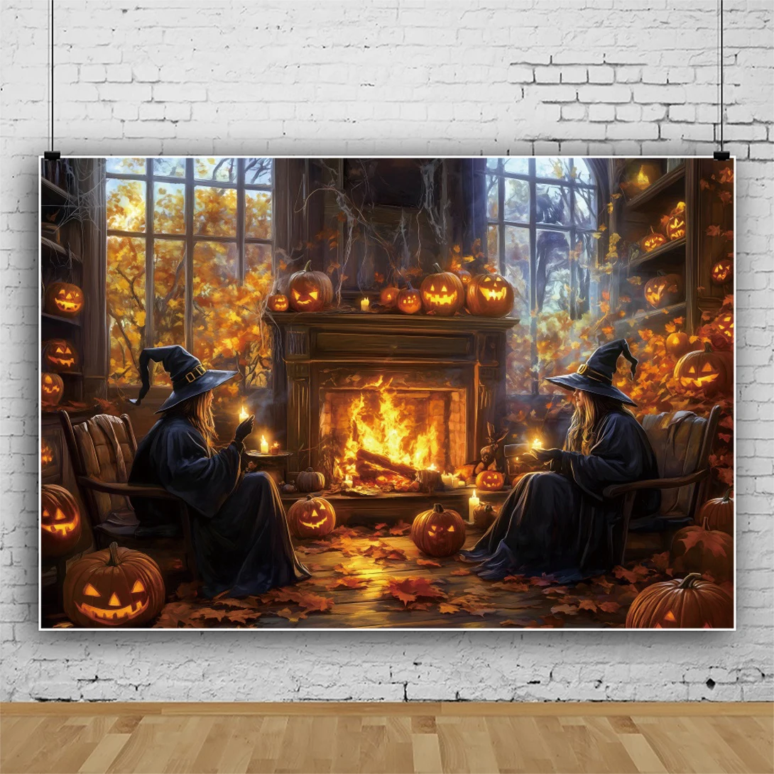 ハロウィーンの魔女の背景、古い教会の暖炉、カボチャのランタン、子供の家族の肖像画の写真、背景の装飾、スタジオの写真アクセサリー