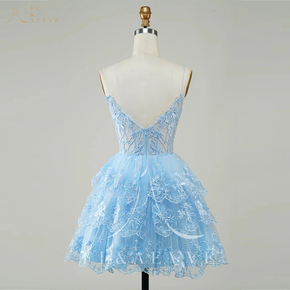 New Blue Mini Prom Dresses Embroidery Lace Sexy Spaghetti Strap Evening Party Dress Sweetheart Homecoming Gown Formal Dress