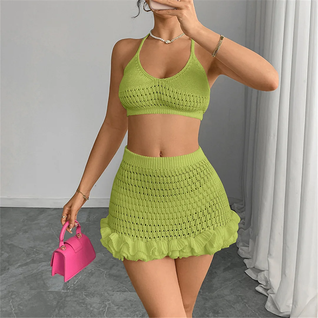 Neues, gerüschtes, halterloses, ausgeschnittenes, gehäkeltes, gestricktes 2-teiliges Set, Sommerkleid, Strandkleidung, Cover-up, zweiteiliges Set für Damen, V7169 – Detail 9