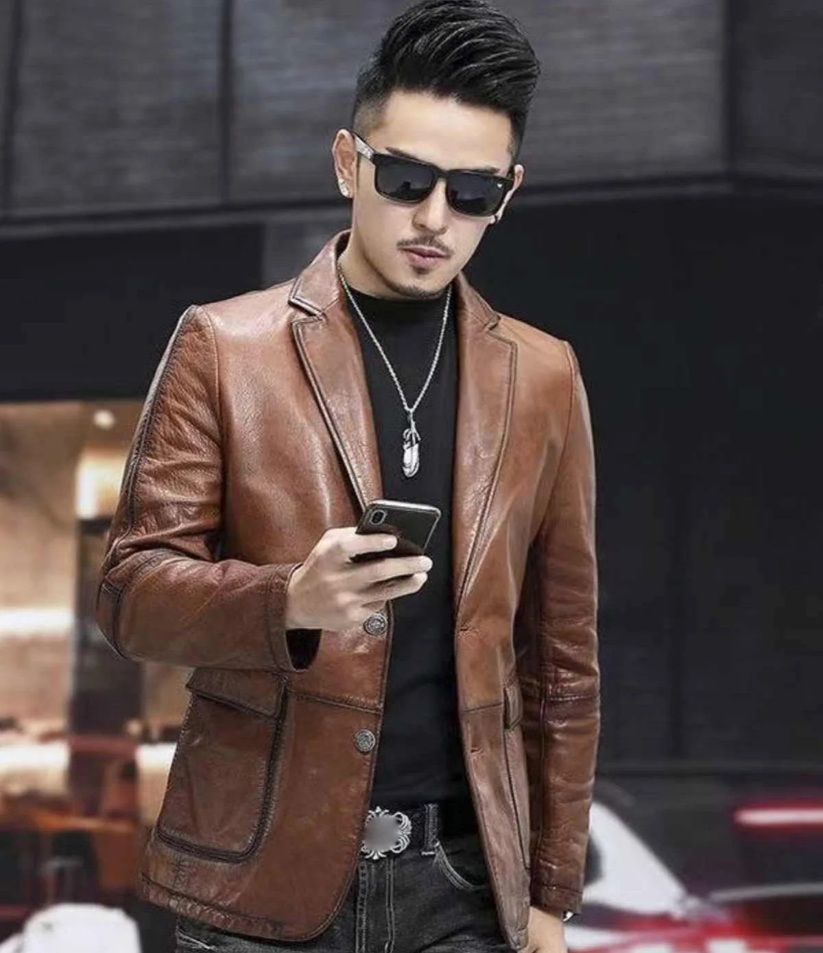 

Asian Business Sheep Leather Jacket Men's Short Suit Collar Leatherware Coat Thin Slim Fit Casual Blazer in OrientTown in037