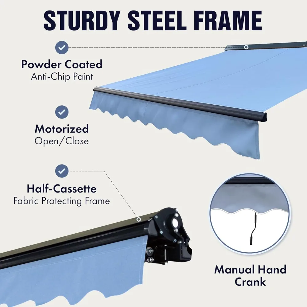 Tenda da sole retrattile motorizzata da 16x10 piedi, motore elettrico telecomandato e manovella manuale, luci a LED, canoa in tessuto con protezione UV