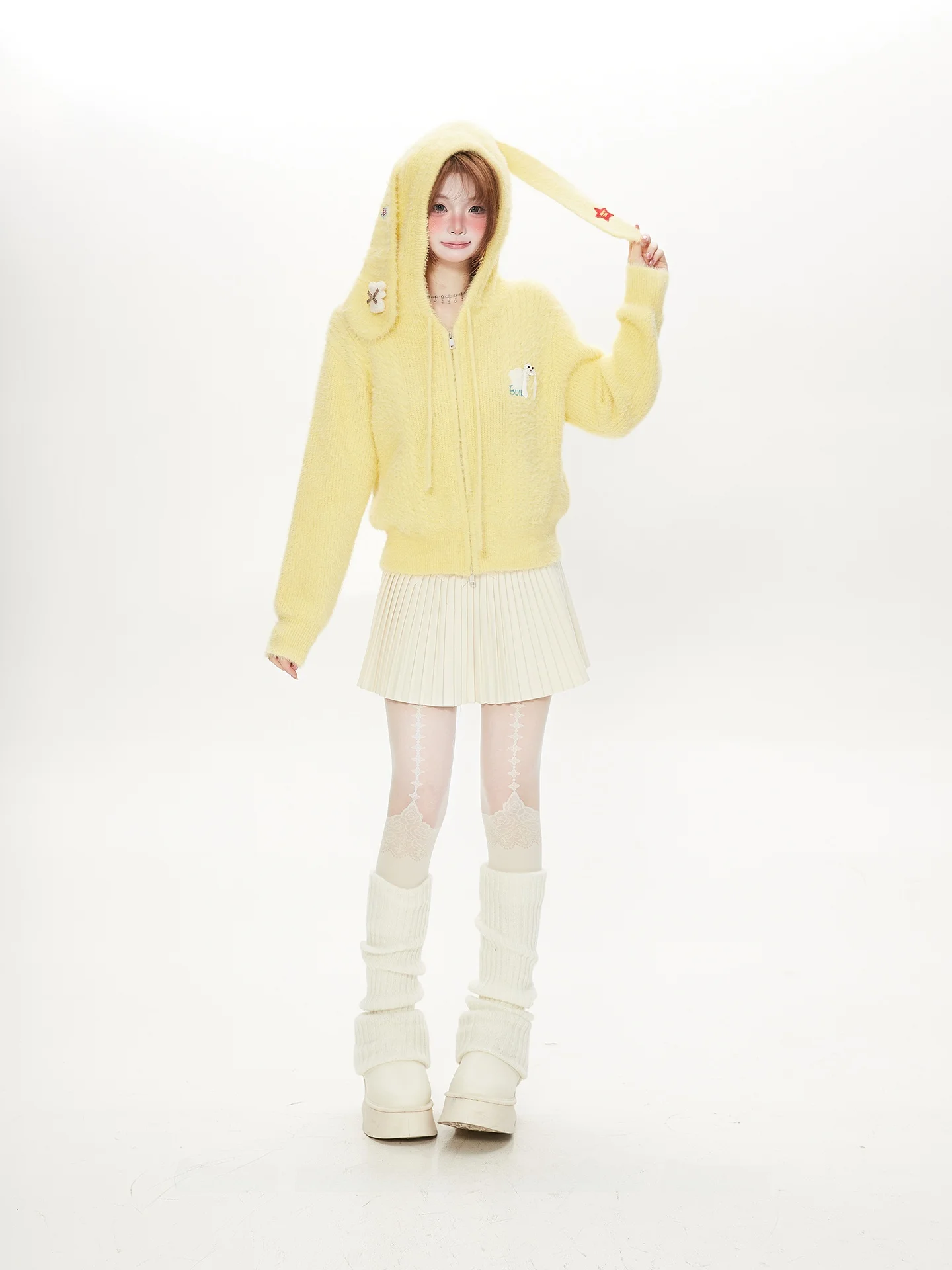 

Уникальный желтый вязаный свитер с кроличьими ушками, женский, весенне-осенний, мягкий, уютный, модный, повседневный кардиган