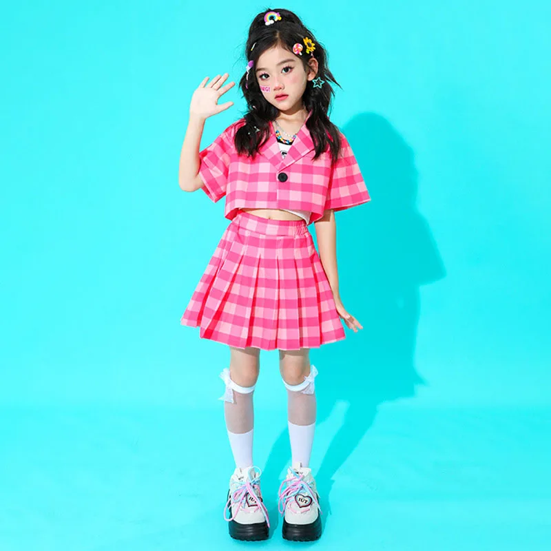 Kid Cute Hip Hop Clothing Rose Checkered Short Sleeve Blazer Jacket Top Pleat Mini Skirt Set for Girl Jazz Dance Costume Clothes