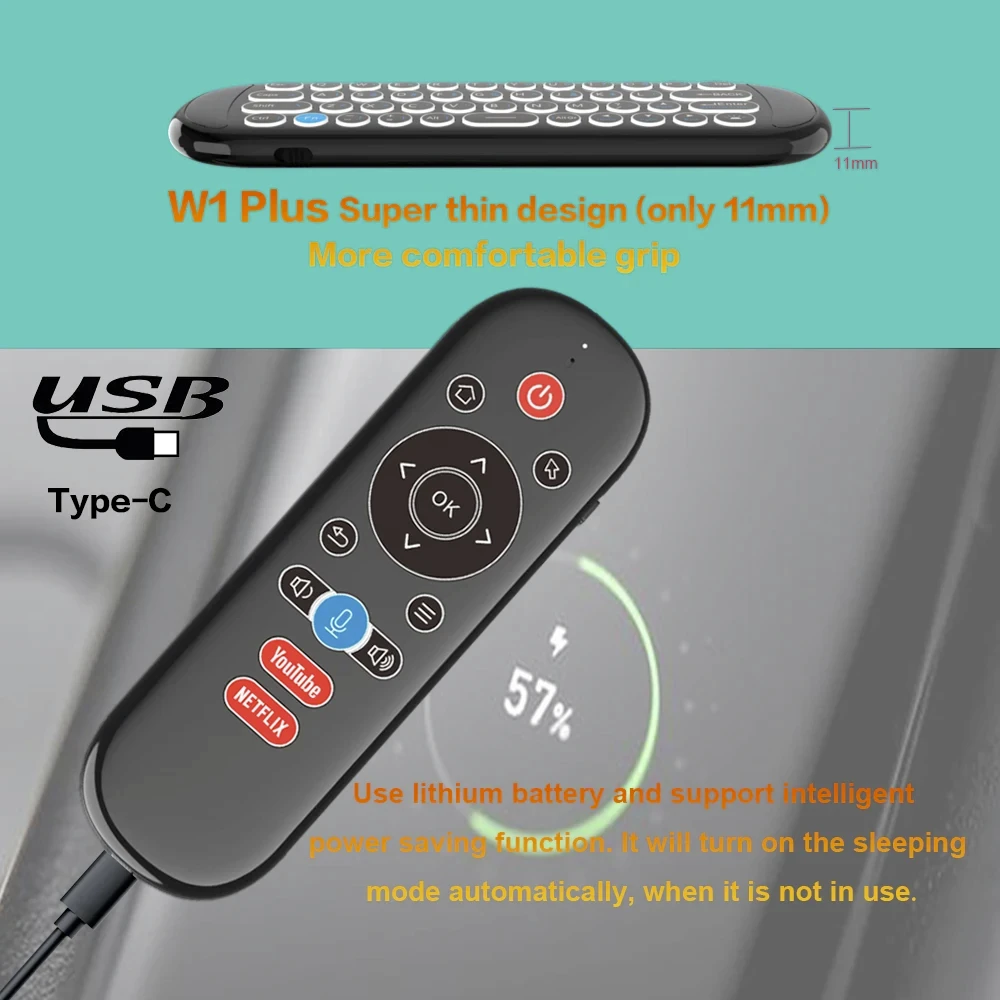 W1 PLUS Air Mouse Remote Control 2.4G RF Wireless Mini Keyboard Smart Gyroscope Keyboard Sense Anti-loss IR for Android TV Box