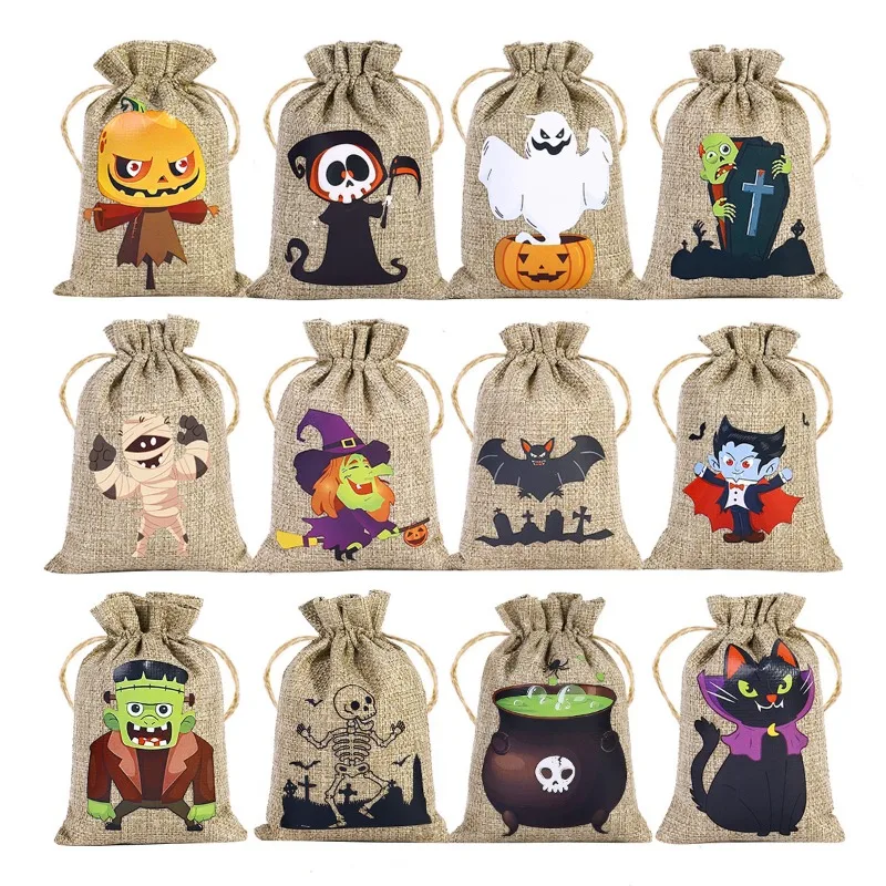 12pcs  Halloween Drawstring Bag Goodies Packing Bag Party Halloween Mixed Style Linen Bundle Pockets Jewelry Candy Storage Bag