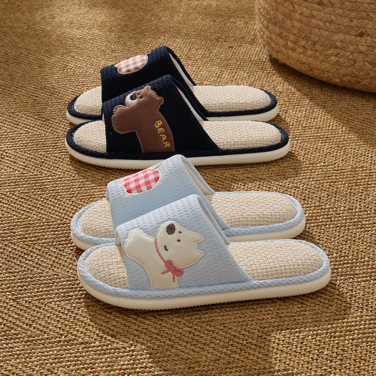Cute Cartoon Bear Dog Linen Slippers for Women Men Open Toe Breathable Flax Indoor House Slides Anti-Slip Soft Sole Floor Shoes