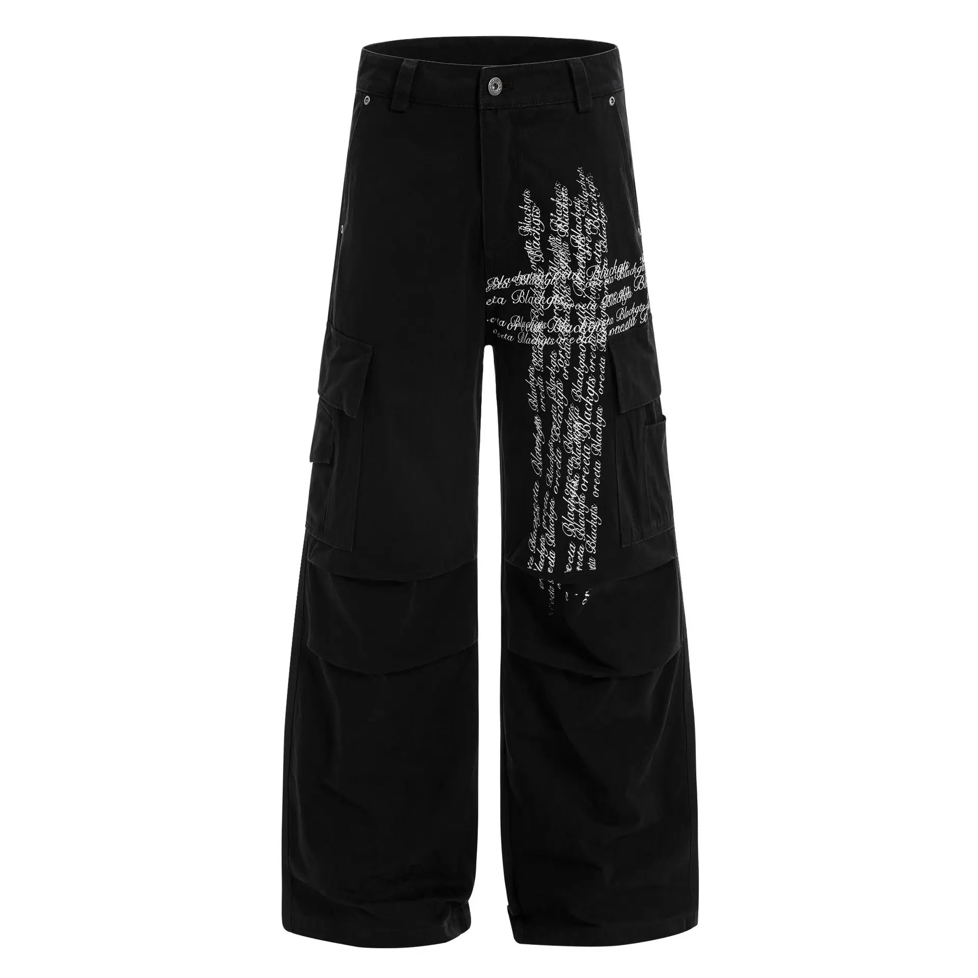 OR FL American Street Style Letter Print 100 Cotton Women Cargo Trousers Retro Pleats Staraight Slacks Women's Wide Leg Pants