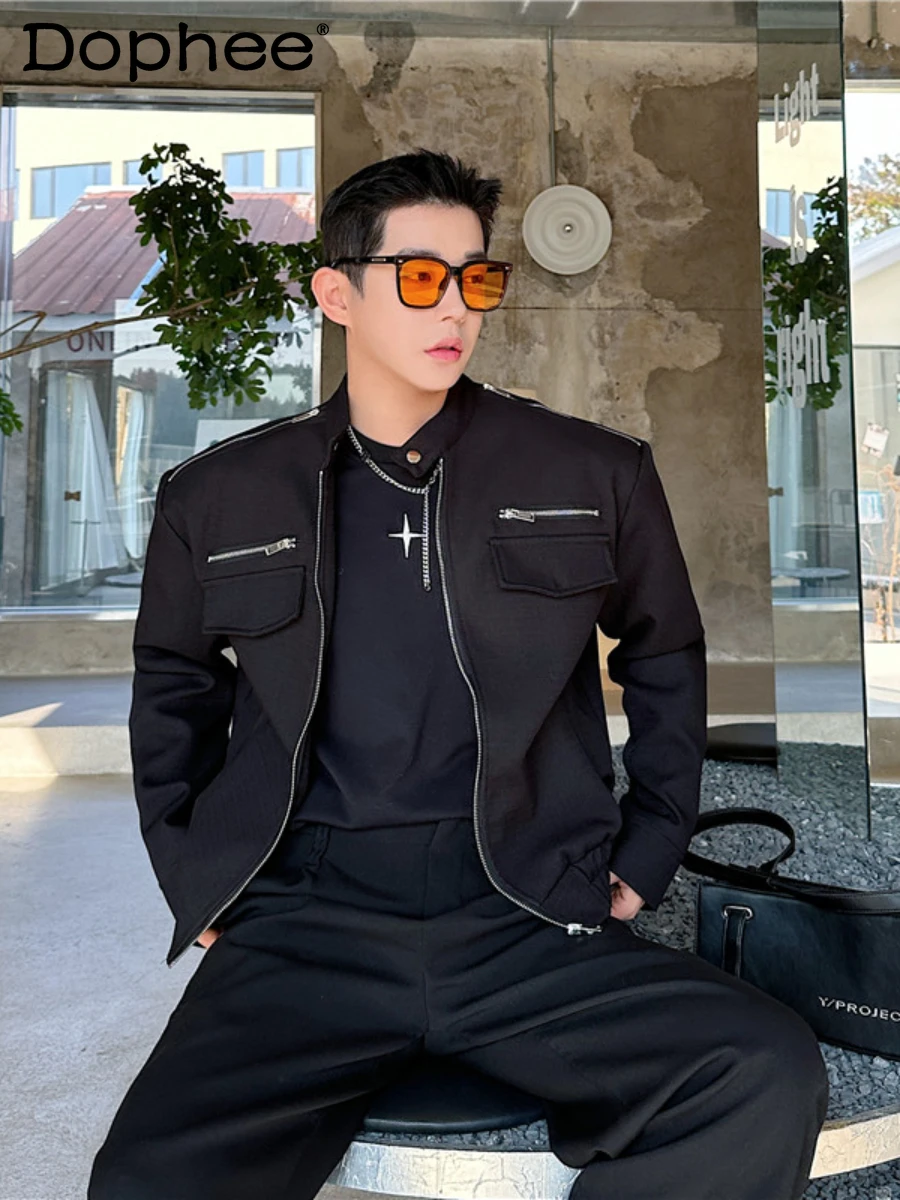 

Fashion 2024 Early Spring New Men's Metal Zipper Jacket Pocket Stand Collar Slimming Jacket Long Sleeve Solid Color Coats