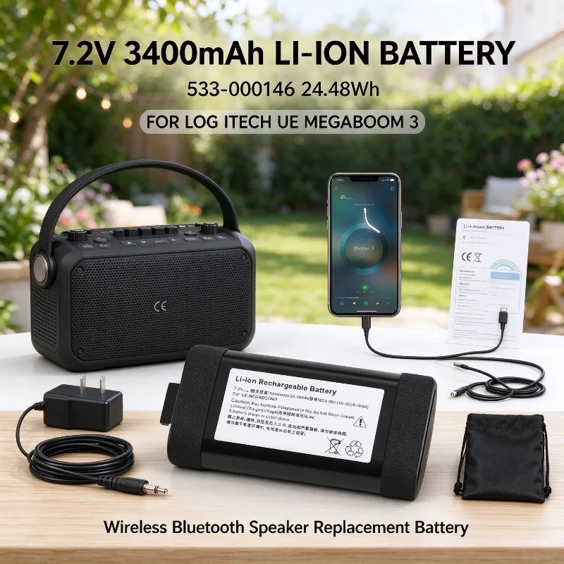533-000146 7.2V 3400mAh 24.48Wh Li-ion Replacement Battery for Log Itech UE Megaboom 3 Wireless Bluetooth Speaker Battery