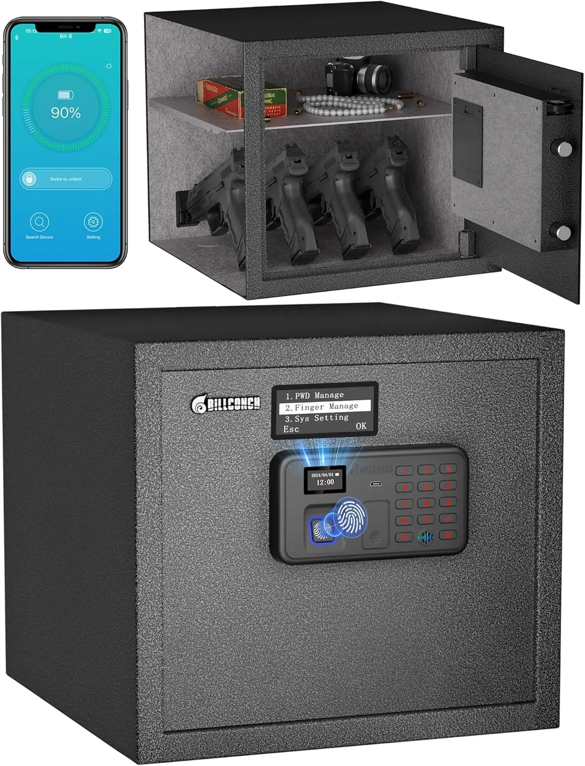 

Smart Gun Safe for Multiple Pistols - Automatic Lock with LCD Display, Quick Access via Fingerprint/Keypad/App