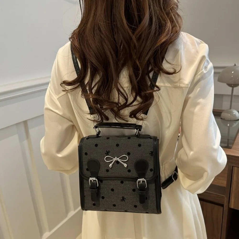 Mochila versátil de lona de PU, bolso cruzado con lazo de lunares y corazón de amor, bolso escolar multifuncional de estilo universitario para estudiantes, viaje