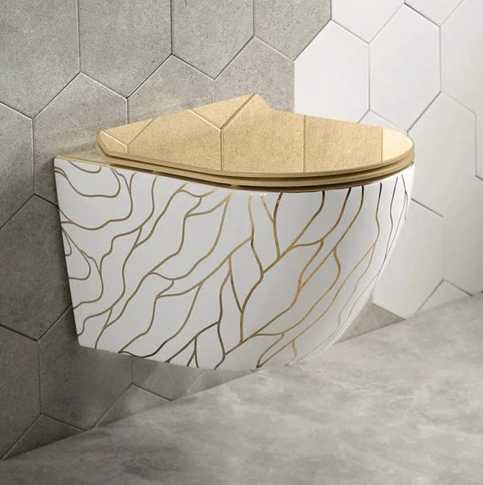 Modern Sanitary Wall Mounted Bathroom Chinese Wc Gold Color Wall Hung Toilet Bowl Ceramic Golden Toilet