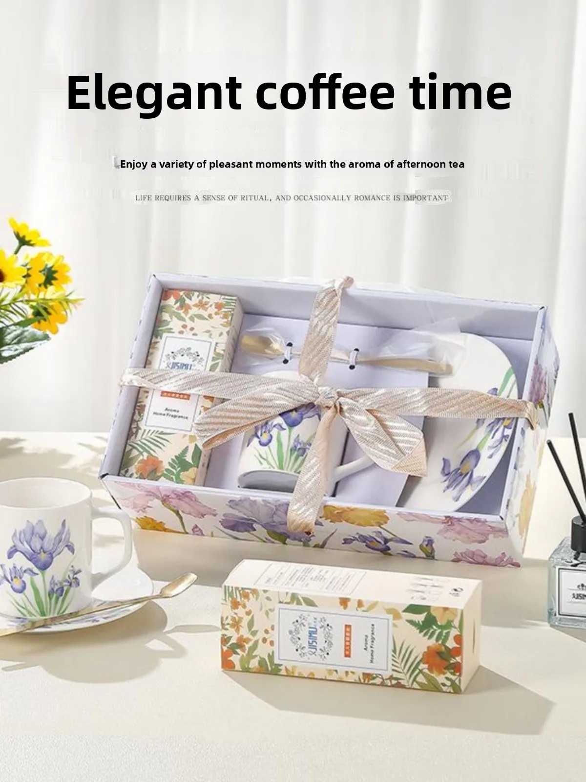

Elegant Tail Flower Ceramic Coffee Cup Set High Aesthetic Value Tea Time Aromatherapy Gift Box Logo Engraved Fine Diningware