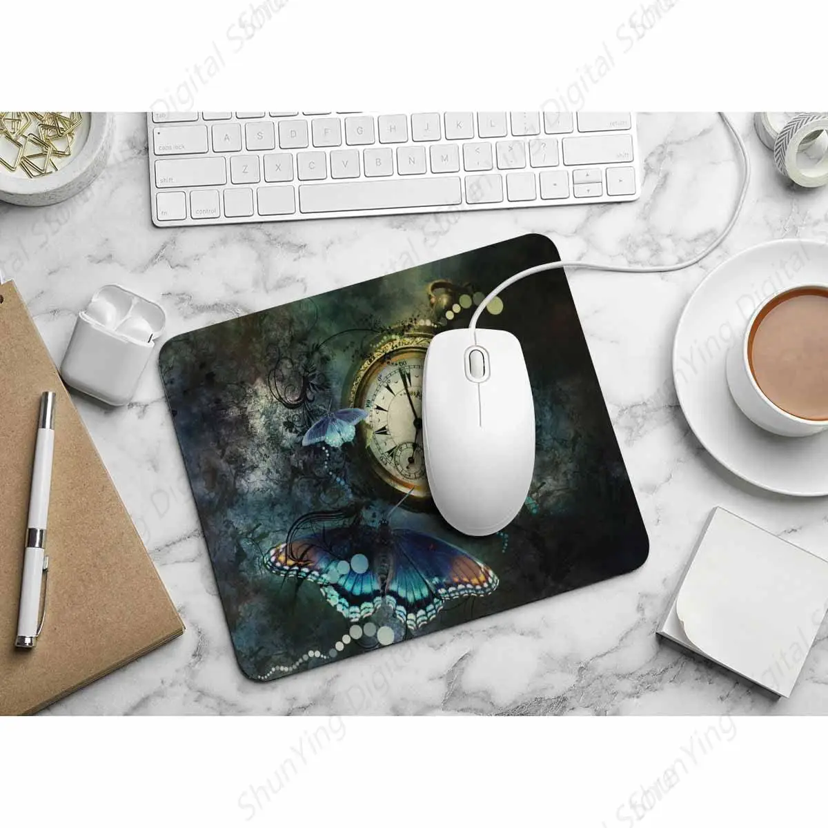 Retro Butterfly Gaming Mouse Pad และนาฬิกาพ็อกเก็ตแบบคงที่ Anti Slip Rubber Mouse Pad เหมาะสําหรับแล็ปท็อปสํานักงาน 25*30 ซม