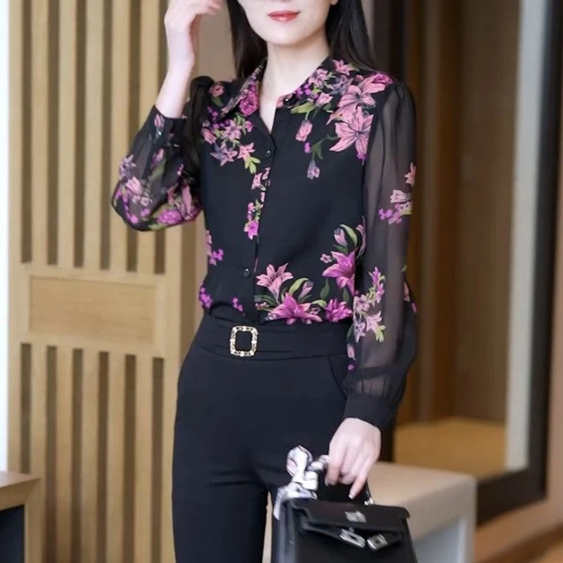 2024 New Spring and Autumn Fashion Elegant Versatile Polo Collar Printed Flower Chiffon Button Long Sleeved Women\'s Shirt Top