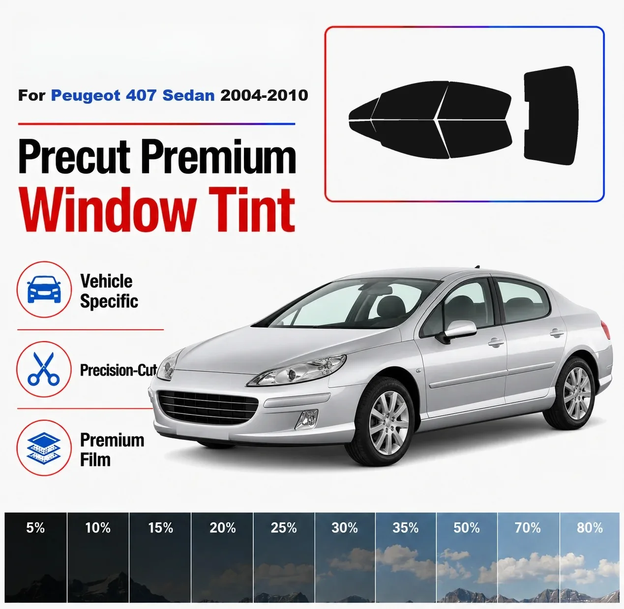 Premium Precut Window Tint Kit Front Rear Windows Rear Windshield For Peugeot 407 Sedan 2004-2010 Complete Set Nano Ceramic Film