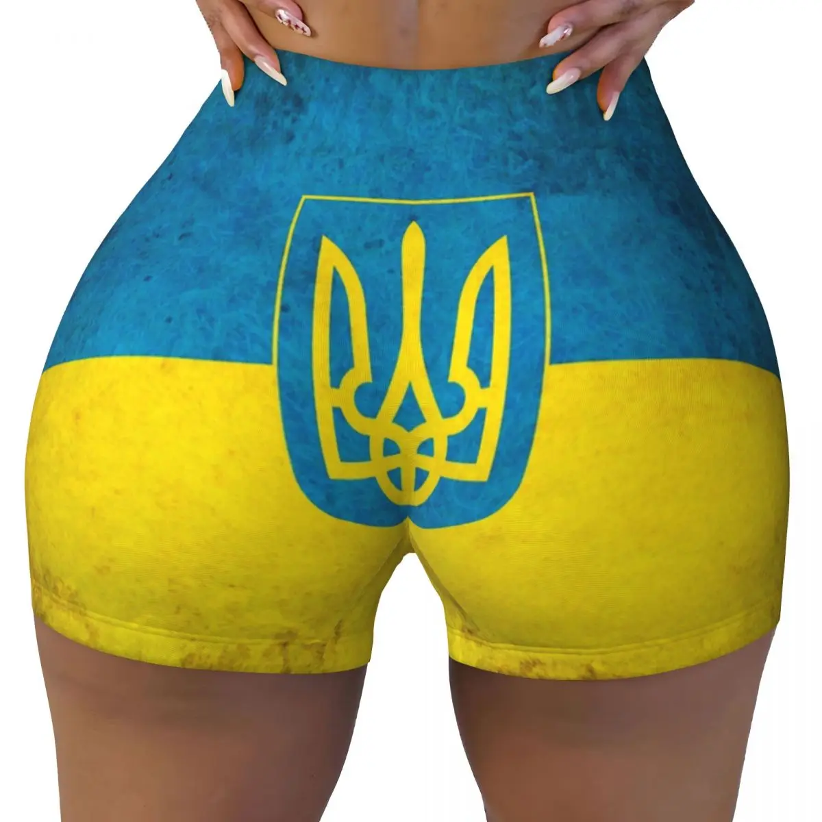 Custom Women's Coat Of Arms Ukraine Flag Workout Yoga Shorts Athletic Gym Biker Running Shorts