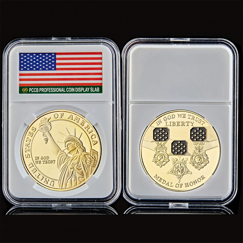USA Lady Liberty Gold Plated Coin In God We Trust Medal of Honor Commemorative Coin W/ Hard Capsule Protection