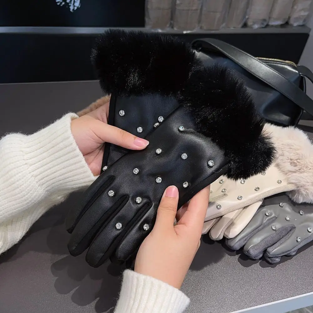 

Non-slip Gloves Elegant Rhinestone Decor Winter Gloves for Prom Party Touchscreen Velvet Lined Anti-slip Weather for Men