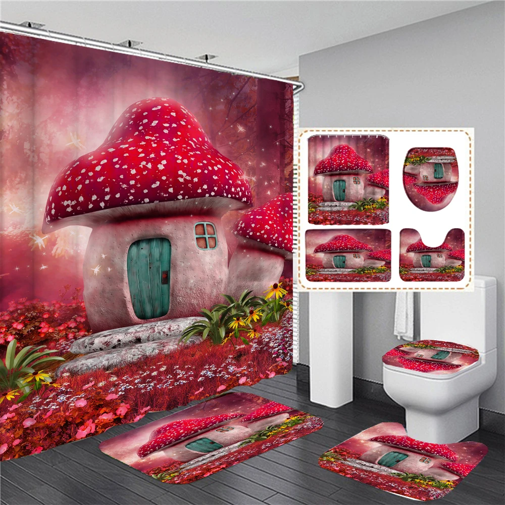 

Занавеска для душа Dream Forest, мультяшный грибной домик, водонепроницаемая занавеска для ванной, набор ковриков для ванной, коврики для унитаза, ковры для декора ванной комнаты