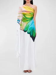 Bonboho Women's Floral Printed Summer Dress One-shoulder Slim Fit A-line Pleated Dress Floor Length Elegant Evening Dresses