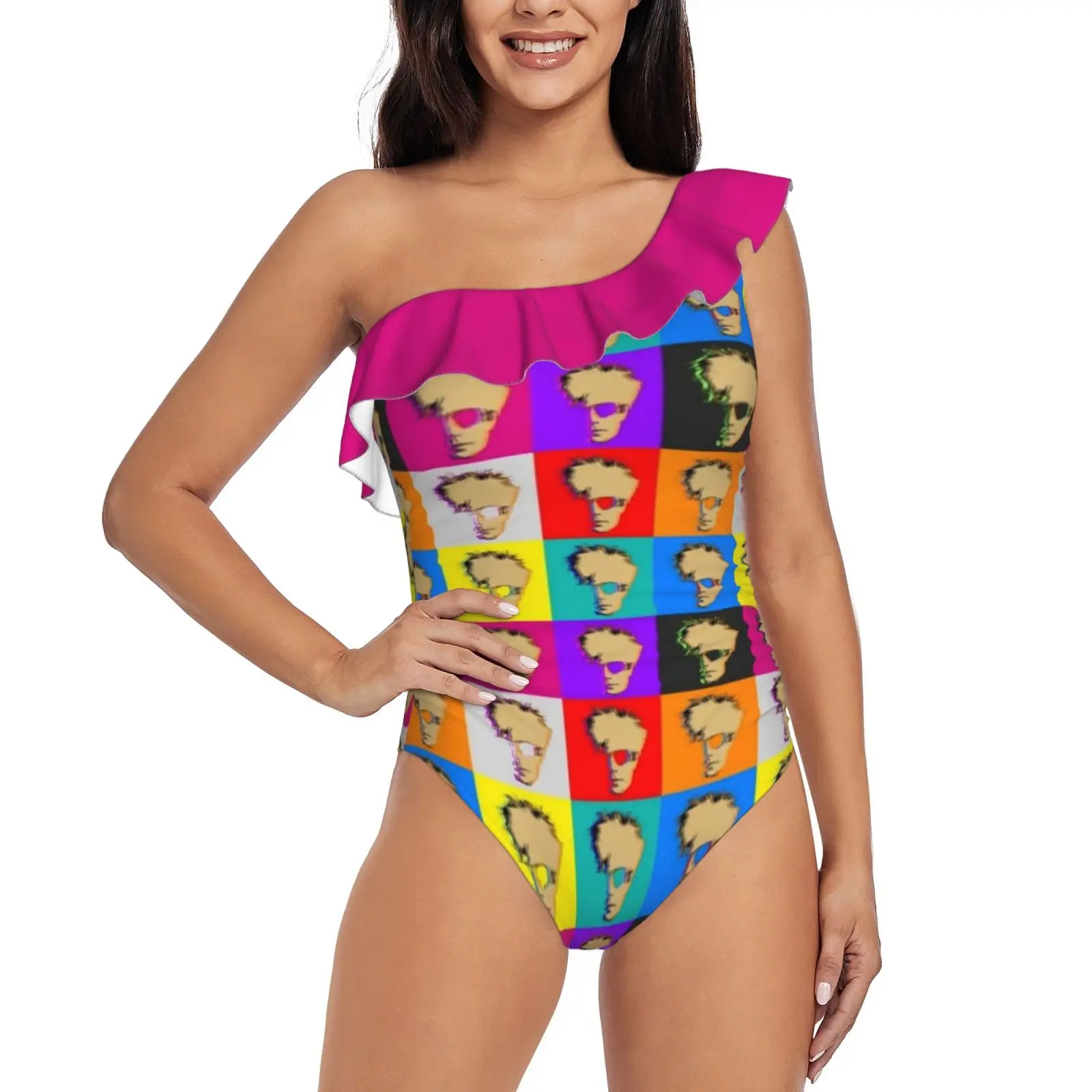 

A.Warhol One Shoulder Ruffle Swimsuit One-Piece Beach Bathing Suit Print Sexy Women Swimsuit Abstract Andrew Warhola Art Pop