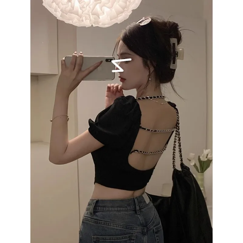 

Spring/Summer Korean Hanging Neck Style Sexy Spicy Girl Hollow Short Sleeve T-shirt Women's Exquisite Top