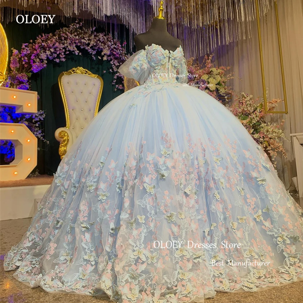 Oloey Luxus Baby blau Quince anera Kleider von der Schulter 3d Blumen Ärmel Party kleid Luxus Prinzessin 16 süße Mädchen Geburtstag