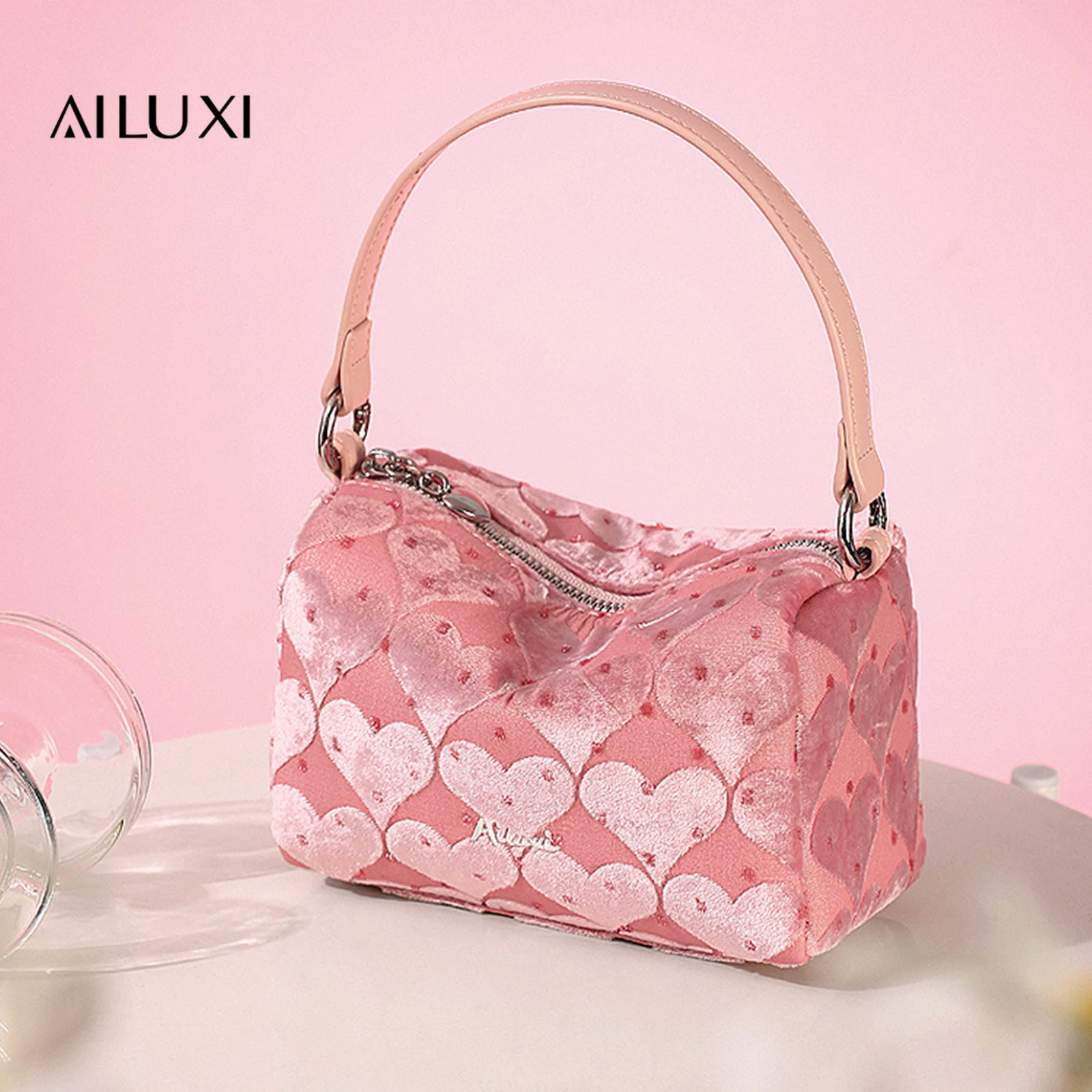 AILUXI Pink Heart Fluorescent Handbag, Classic Women's Boston Bag, Valentine's Day Gift Crossbody Bag