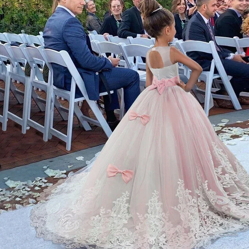 Vestido largo de princesa para niña, traje de dama de honor, baile de graduación, fiesta de boda, encaje Floral, 5-14 años