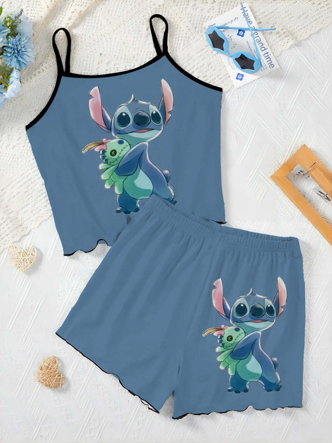 Eleganti completi da donna per donna 2 pezzi t-shirt con finiture in lattuga Slip Dress gonna pigiama Disney Stitch abito corto completo da casa