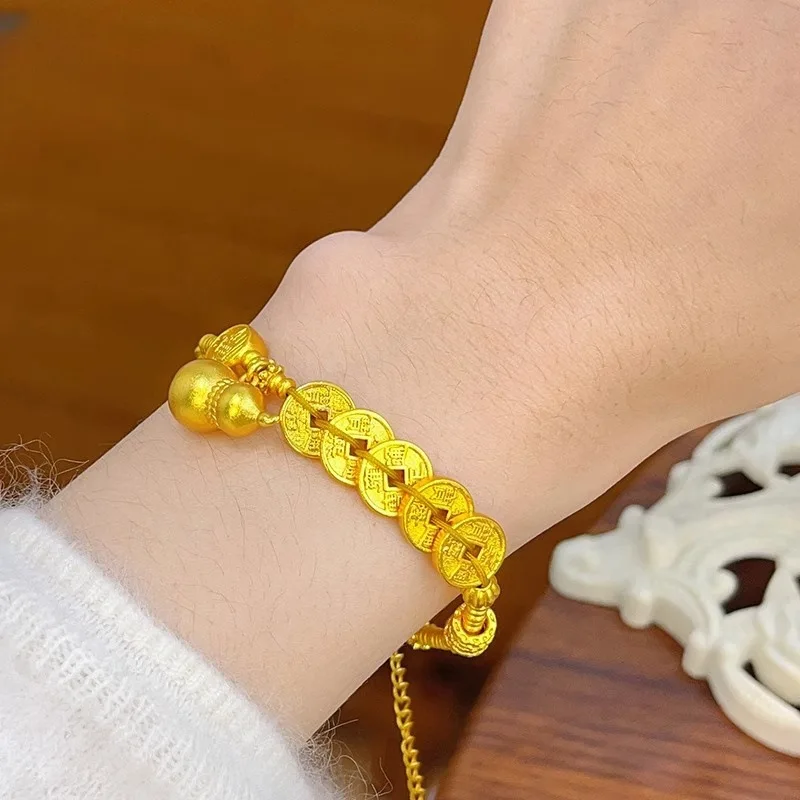 

24K Gold AU999 Five Emperors Coins Pumpkin Bead Gourd Coil Bracelet for Women - Five Emperors Coins + Pumpkin Bead Gourd